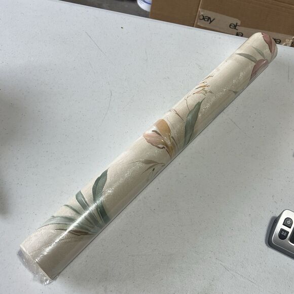 Roll of Vtg Peach Pink Floral Calla Lily Wallpaper Luxury Vinyl 90s Pearl Sheen - Picture 12 of 15